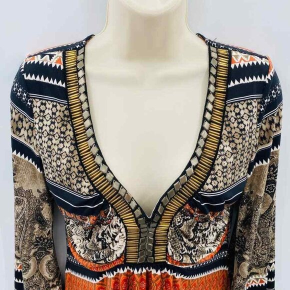 Boston Proper Blouse Womens Small Tan Black Orange Beaded Collar Animal Print - Picture 2 of 7